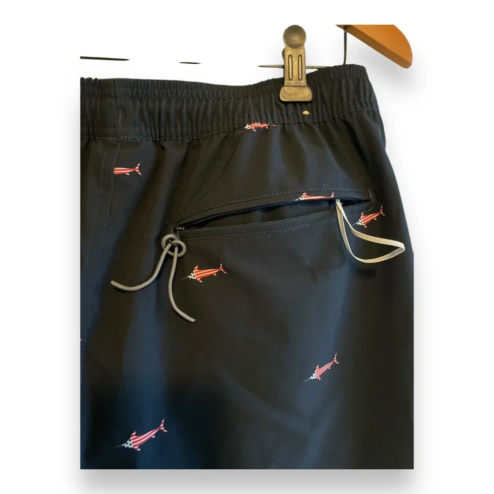 AFTCO Men's Navy Blue American Flag Marlin Print Swim Trunks Shorts Medium